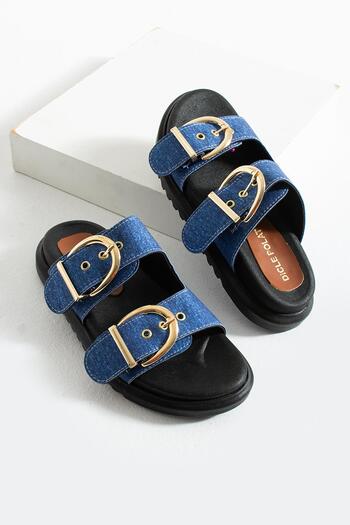 diclepolat Mılana Denim Two Buckle Flat Sole Women's Slippers