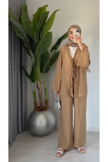 Molly Nelly Women's Summer Cotton Voile Lined Lace Detailed Trousers Blouse Set