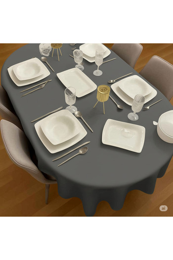 Zeren Home Polyester Linen Carefree Oval Tablecloth Anthracite