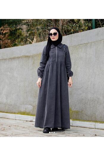 Weak Blue Women's Hijab Zipper Pocket Slim Denim Dress