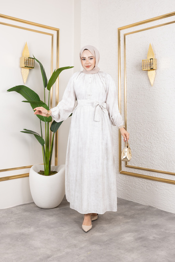 Viskosa Halter Neckline Button Balloon Sleeve Long Dress with Lace-Up Waist