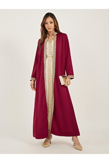 Styli Lace Trim Collared Belted Satin Abaya with Inner Dress