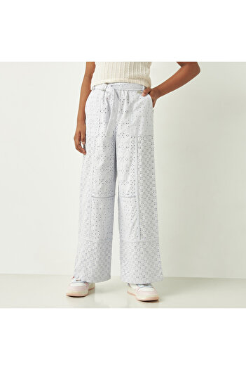 ELIGO Textured Belted Wide Leg Cotton Pants with Pockets
