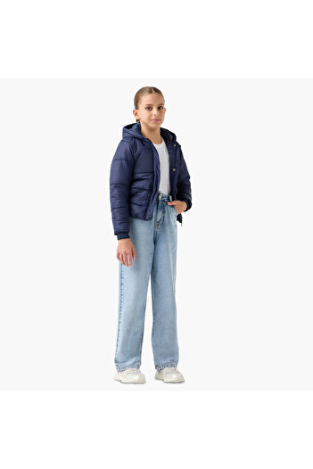 Juniors Solid Hooded Jacket with Long Sleeves and Pockets