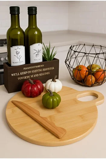 Dia Round Cutting Presentation Board Olive Wood Knife Set