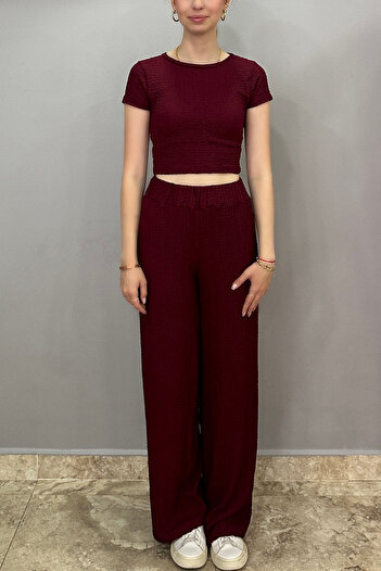 Tam Moda Women's Bubble Fabric Burgundy Pants-Crew Neck Body Set