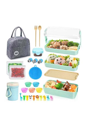 COOYA 27 PCs Bento Box Set, Stackable 3-in-1 Compartment Bento Set ，durable and suitable for kids(Blue)