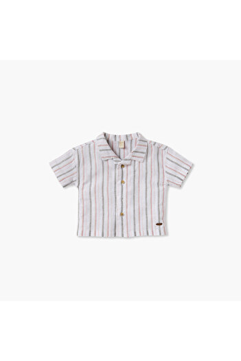 giggles Striped Shirt with Camp Collar and Short Sleeves