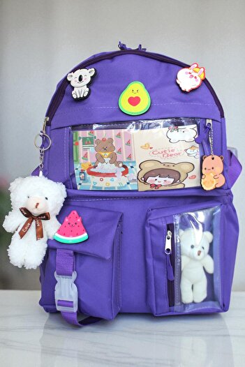 Mabai Purple School Backpack with Korean Style Accessories and Teddy Bear