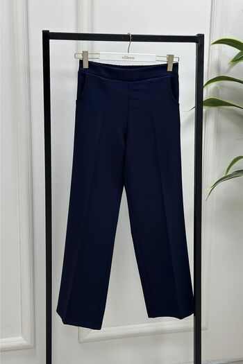megapol Women's Navy Blue Bell Crepe Fabric Elastic Waist Wide Leg Trousers