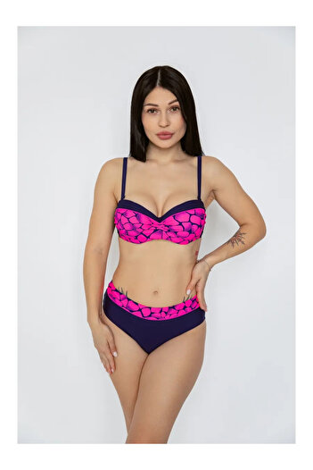 hazelin Women's Fuchsia Navy Blue Patterned Lined Bikini Set Hzl25S-Lc25143