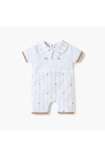Juniors Car Print Collared Romper with Short Sleeves