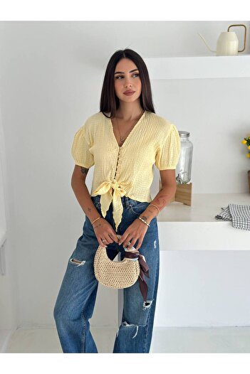 Noa Noa Button Detailed Tie-Up Short Sleeve Shirt