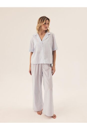 ESOTIQ Set pijama pentru femei, format din 2 piese, cămașă cu nasturi și pantaloni lungi și lați, 100% bumbac | Rossini