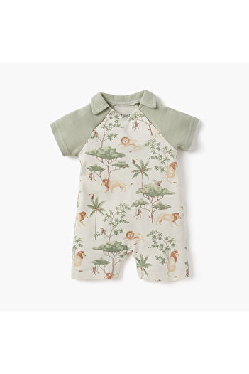 Juniors All-Over Animal Print Romper with Collar and Short Sleeves