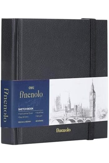 Deli EC285 Finenolo Black Hard Leather Cover Sketch Book, White, 12 cm x 12 cm Size