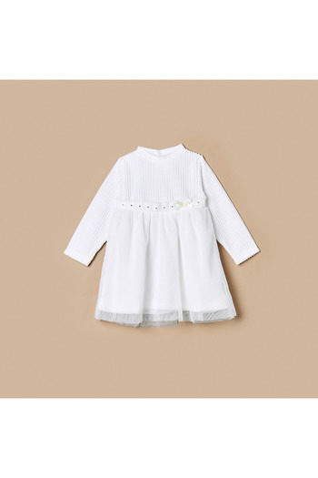 giggles Ribbed A-line Dress with High Neck and Long Sleeves