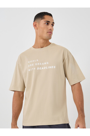 Styli Men Beige Slogan Print Oversized T-Shirt and Shorts Co-Ords
