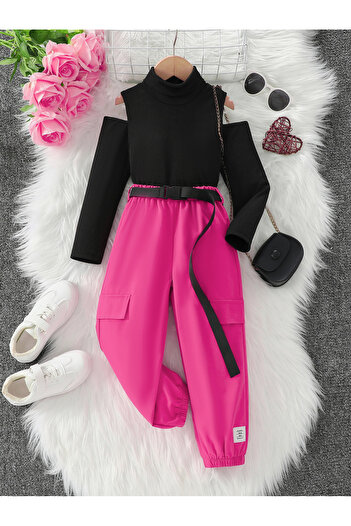 Take Two By Styli Girls Pink Cold Shoulder Top and Belted Joggers Set
