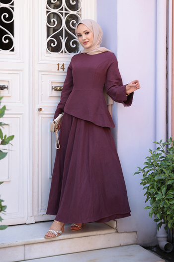 LOCCO Women's Kraş Skirt Linen Dress Burgundy