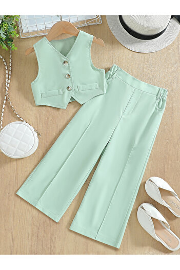 Take Two By Styli Girls Green Button Detail Vest and Wide Leg Pants Set