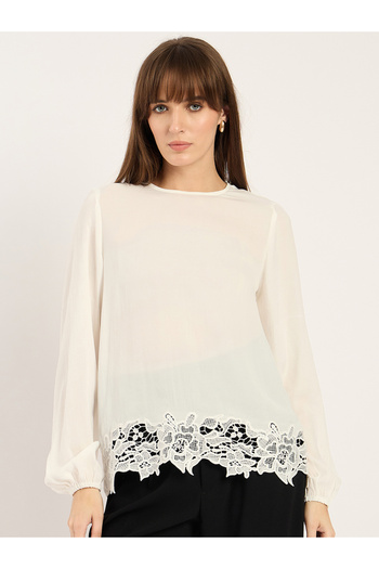 Femmella By Styli White Lace Hem Long Sleeve Top