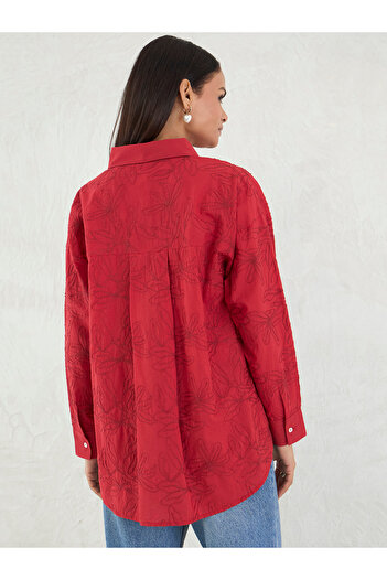 Femmella By Styli Red Embroidered Cotton Longline Shirt