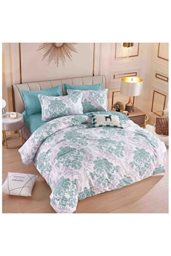 JOJO HOME Lenjerie de pat, Jojo Home, 6 piese, 2 persoane, 245x250cm, Imprimeu Elegant, Finet Superior, Alb-Tu