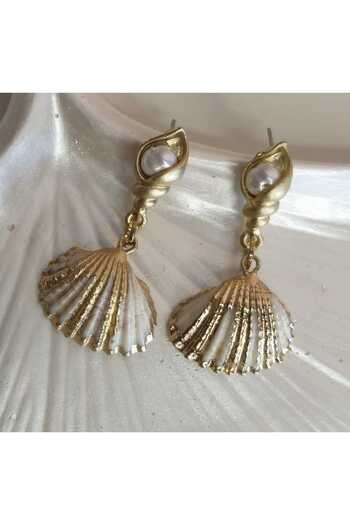 Ivory Pearl Handmade Dangle Gold Color Earrings with Natural Stone and Mother of Pearl