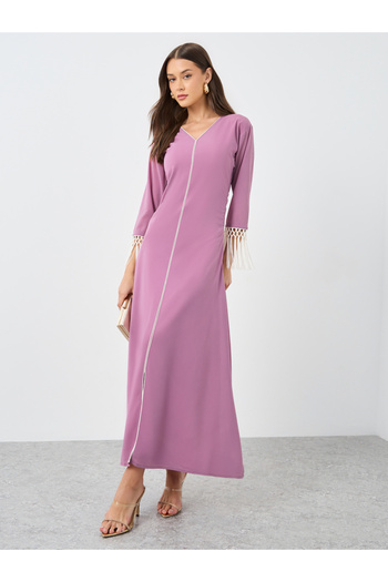 Maxim Creation By Styli Solid V-Neck A-Line Maxi Dress with Tassel Detail