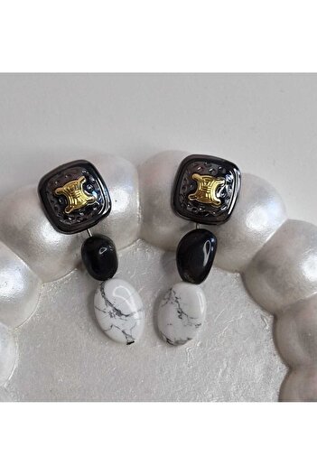 Ivory Pearl Black Handmade Stylish Earrings with Natural Stone Dangle
