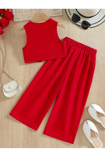 Take Two By Styli Girls Red Button Detail Vest and Wide Leg Pants Set