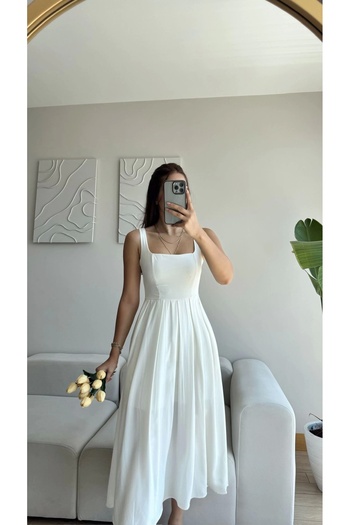 Zoom Butik Valeria Kare Yaka Midi Elbise - BEYAZ