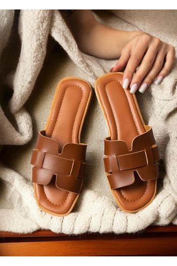 Lideral Bitter Brown Summer Slippers H Pattern Belted Women's Summer Slippers Dowry Sea Beach Home Daily Slippers