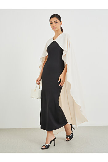 Styli Color Block Ruffled Cape Sleeve Maxi Dress