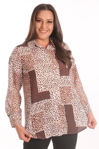 Metpoint Trend42Plus Large Size Brown Leopard Pattern Digital Printed Shirt