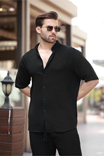Madmext Black Basic Men's Shorts Shirt Suit E7321