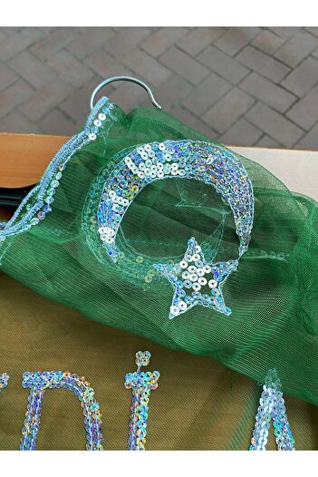 GÜVEN Green He's Now Soldier Written Shawl Glitter Moon Star Soldier Shawl Gloves Set