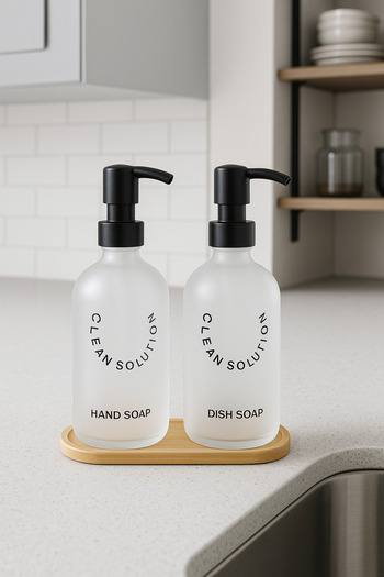Kitchen Life Set of 2 Amber Bamboo Bottom Glass Liquid Soap Dispenser Set 500 ml - Soap Dispenser Set with Bamboo Stand
