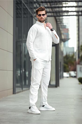 Madmext White Shirt Pants Men's Double Suit E7322