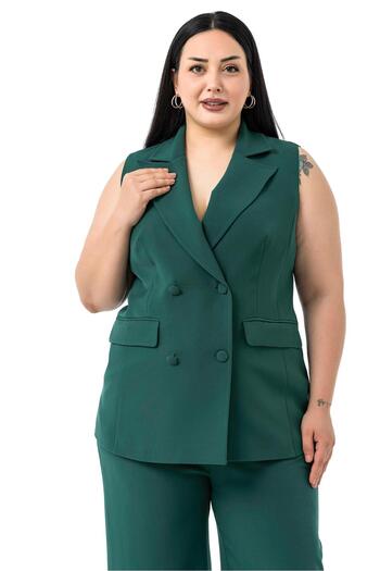 DISENTIS MODEST Plus Size Plated Buttoned Vest Pants Emerald Green Double Suit