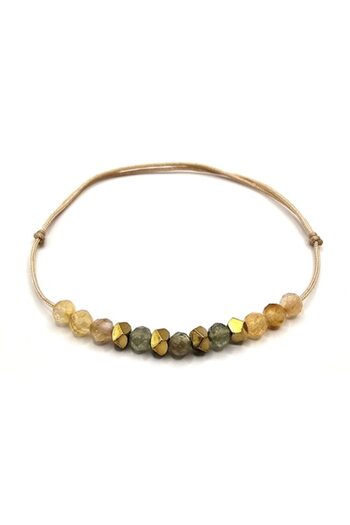 Lexy's Boutique Handmade Bracelet, Adjustable, Leo Zodiac, Semi-Precious Stones Peridot, Citrine, and Hematite, Beig