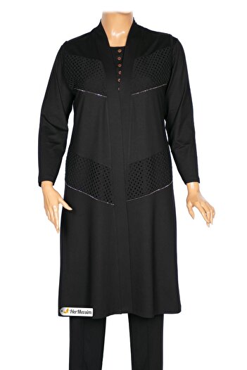 Hermevsim Hesna Women's Özge Large Size Lateral Mesh Combination Knee Length Black Vest