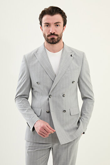 Mcr Striped Slim Fit Wide Collar Double Breasted Men's Suit Gray - 45403.25Y