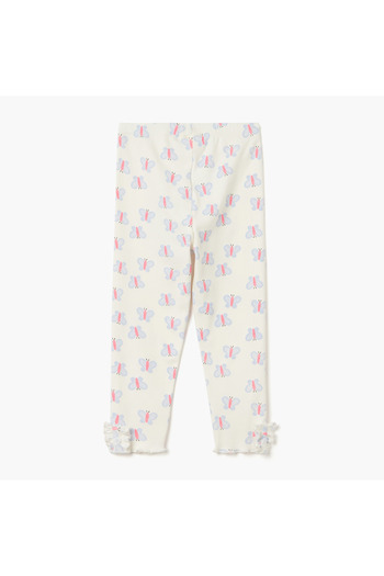 Juniors Butterfly Print Ribbed Leggings with Lettuce Hem