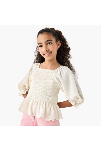 Juniors Shirred Detail Peplum Top with 3/4 Sleeves