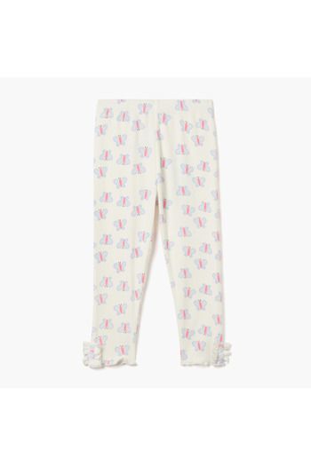 Juniors Butterfly Print Ribbed Leggings with Lettuce Hem