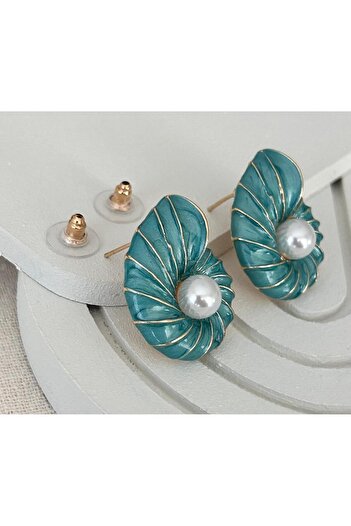 juleeco Turquoise Pearl Detailed Seashell Gold Earrings (2,5X3 cm)