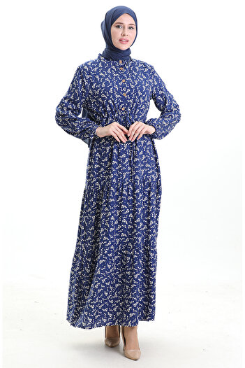 sefamerve Half button floral patterned dress 0025-06 dark blue