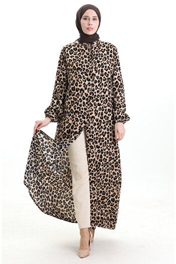 sefamerve Φόρεμα με κουμπιά με σχέδιο Leopard 0122-01 Μαύρο Μπεζ
